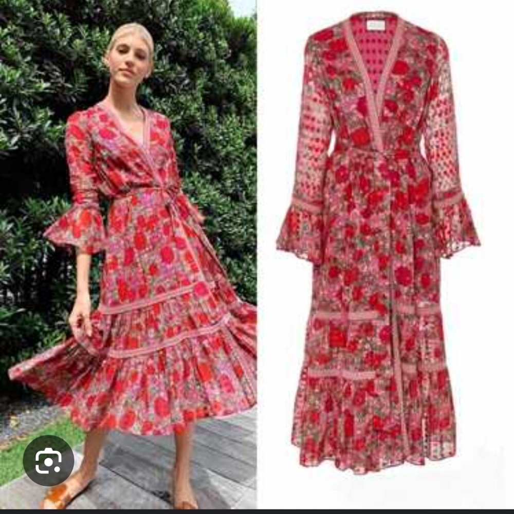 SOLD Alexis Marcas Floral Red Ruffled V Neck Wrap Midi Dress XS Floral Fuchia